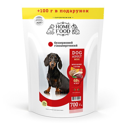 Сухий корм для дорослих собак «М'ясо качки з нутом» DOG ADULT MINI Беззерновий гіпоалергенний 700 г Київ - зображення 1